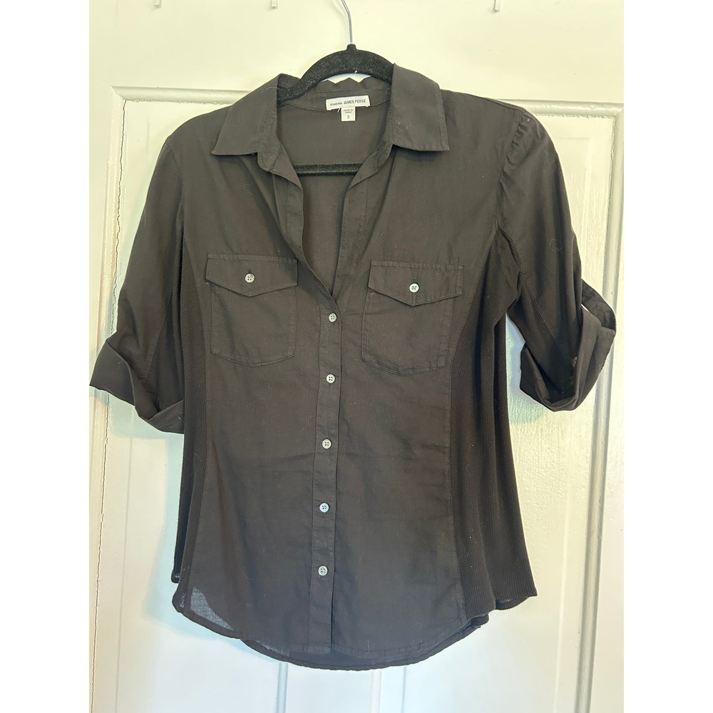 James Perse Sheer Slub Side Panel Shirt Black Size 2 - Picture 3 of 9